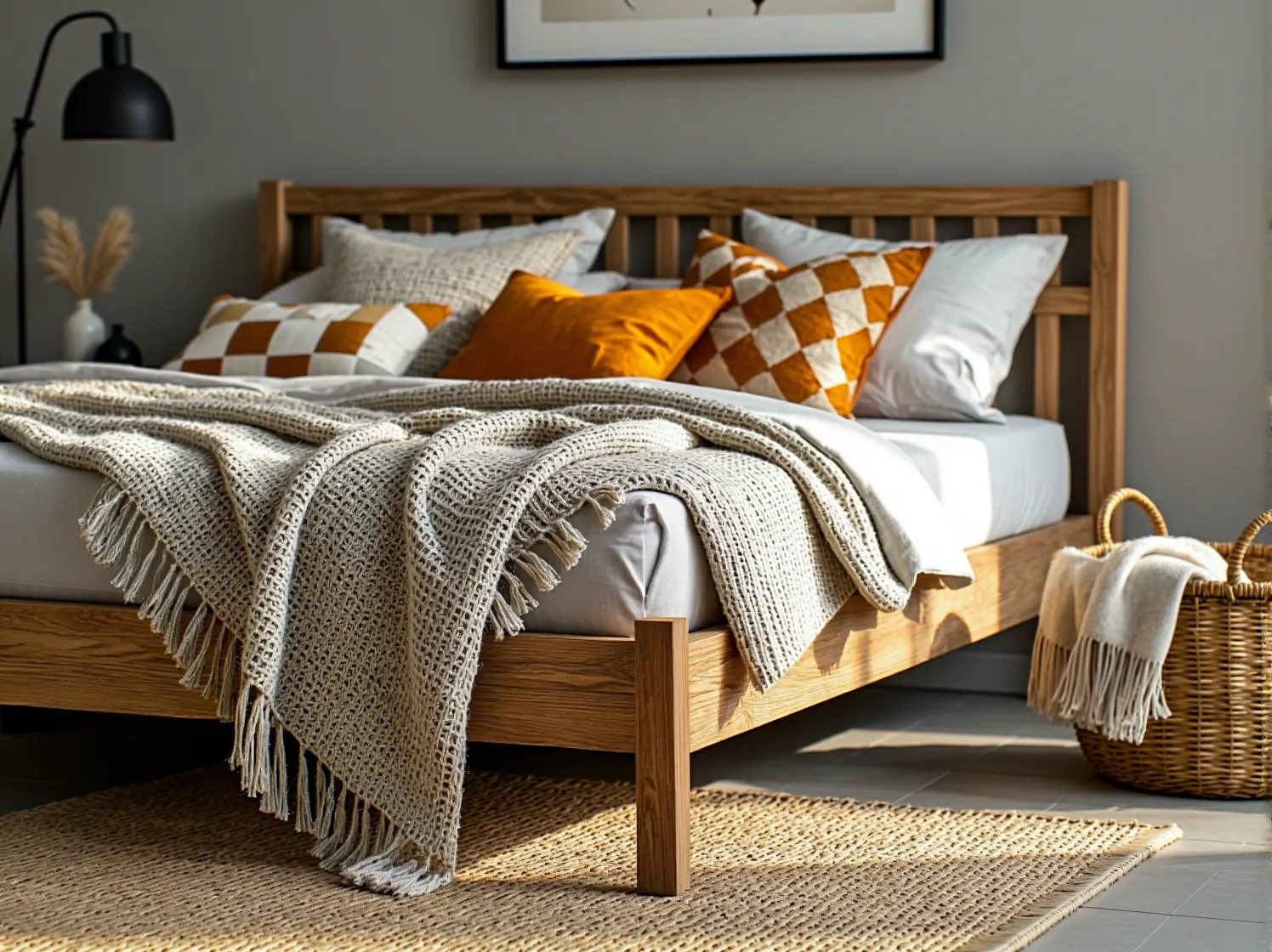 Drewniana komoda ozdobiona makramą, ceramiką i suszonymi trawami, czyli detale w aranżacji eco-boho.