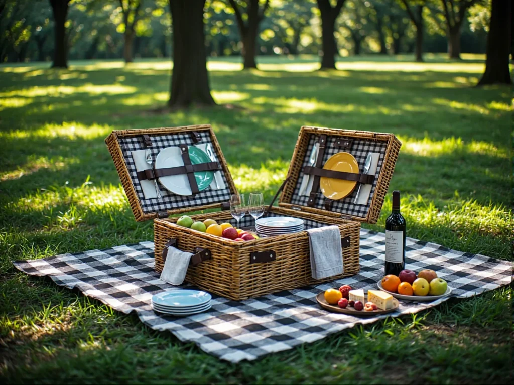 Wiklinowy kosz piknikowy z kompletem naczyń i sztućców