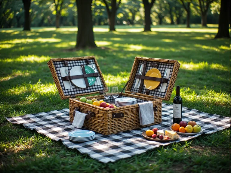 Wiklinowy kosz piknikowy z kompletem naczyń i sztućców