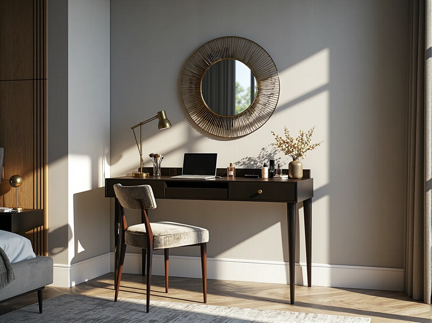 Stylowa konsola w stylu glamour używana jako toaletka. Przykład mebla wielofunkcyjnego oszczędzającego miejsce.