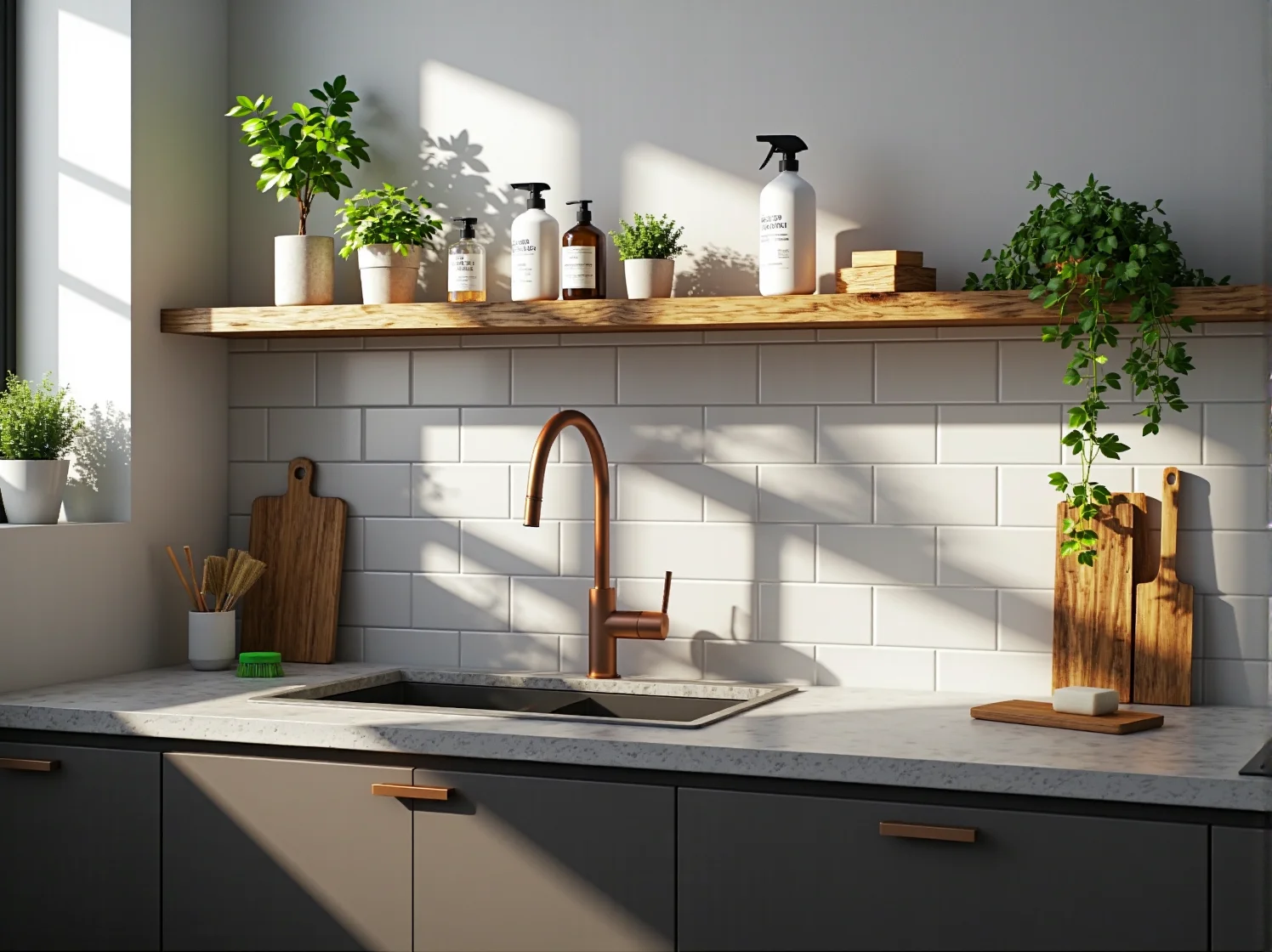 Kuchnia eko-industrialna z dużą ilością zieleni i metalowymi regałami na tle ceglanej ściany.