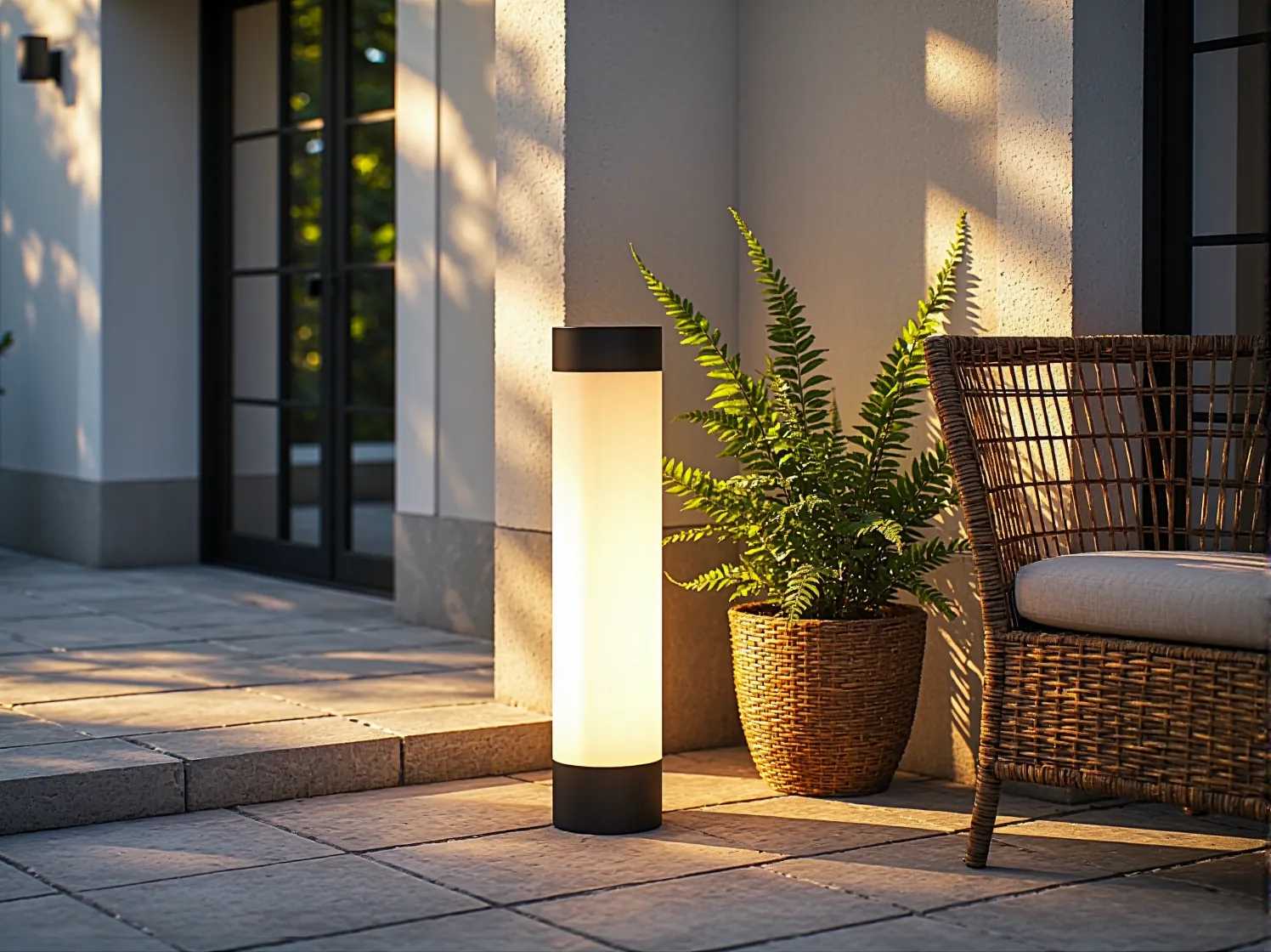 Detal nowoczesnej lampy LED w kształcie kolumny na tarasie w stylu klasycznym.