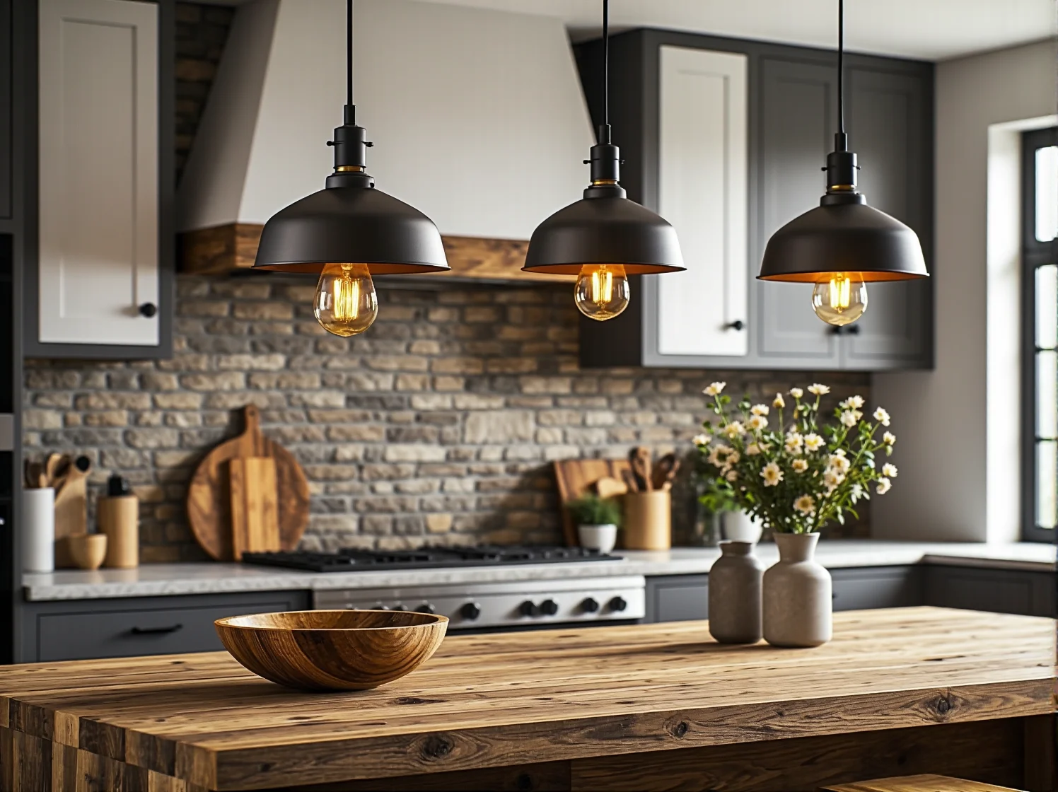 Detal lampy z naturalnych materiałów idealnej do rustykalnej kuchni i jadalni.