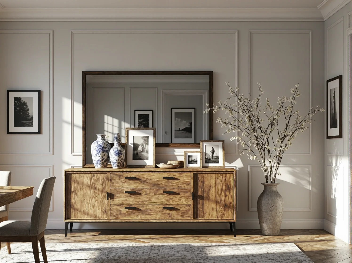 Lampa wisząca z materiałowym abażurem, tworząca ciepłą atmosferę w klasycznie urządzonej jadalni.