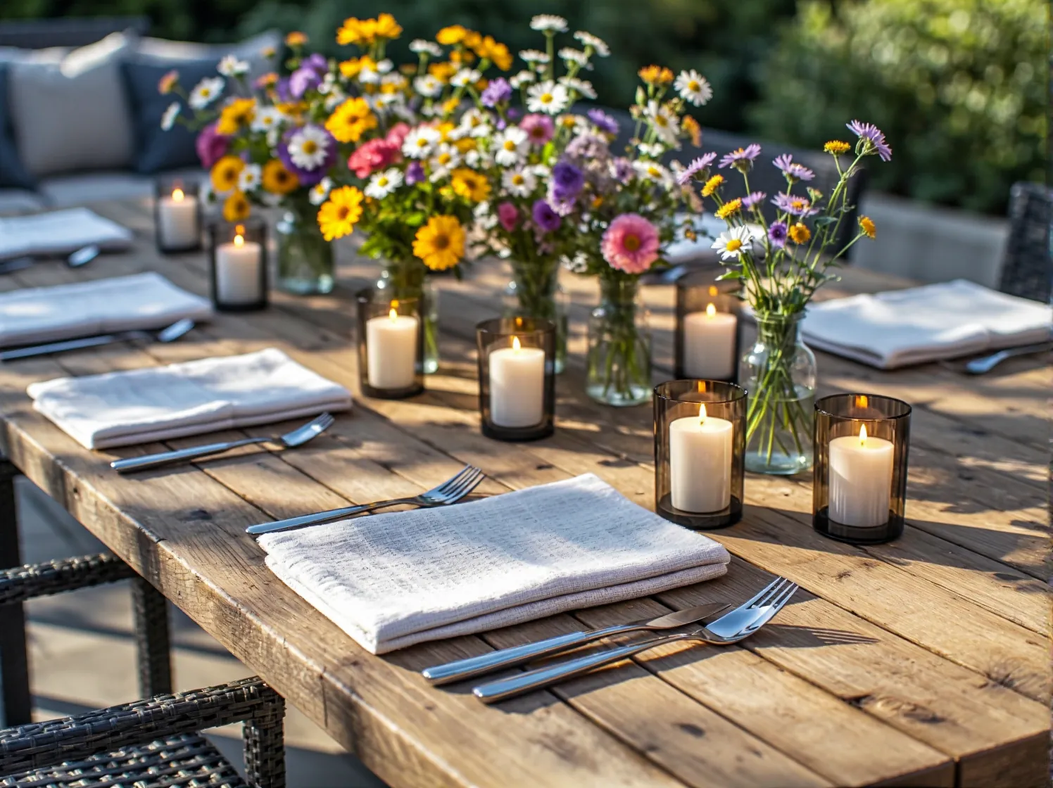 Klimatyczne lampiony i lampki solarne wbite w ziemię jako dekoracyjne oświetlenie ścieżki w ogrodzie.