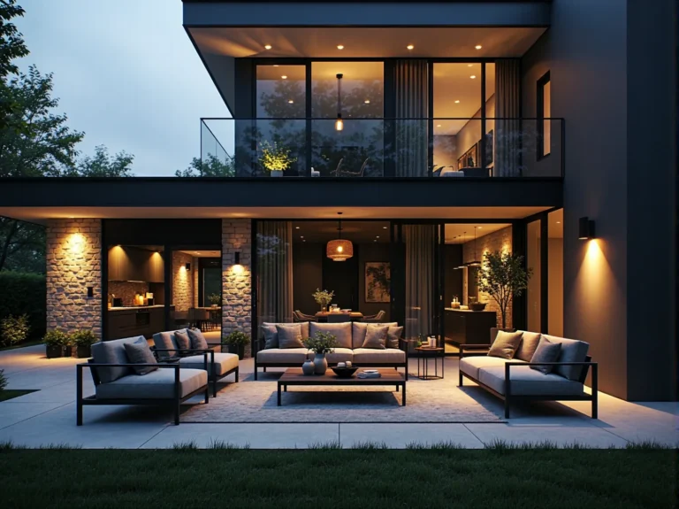 Lampy elewacyjne LED na ciemnej fasadzie nowoczesnego domu