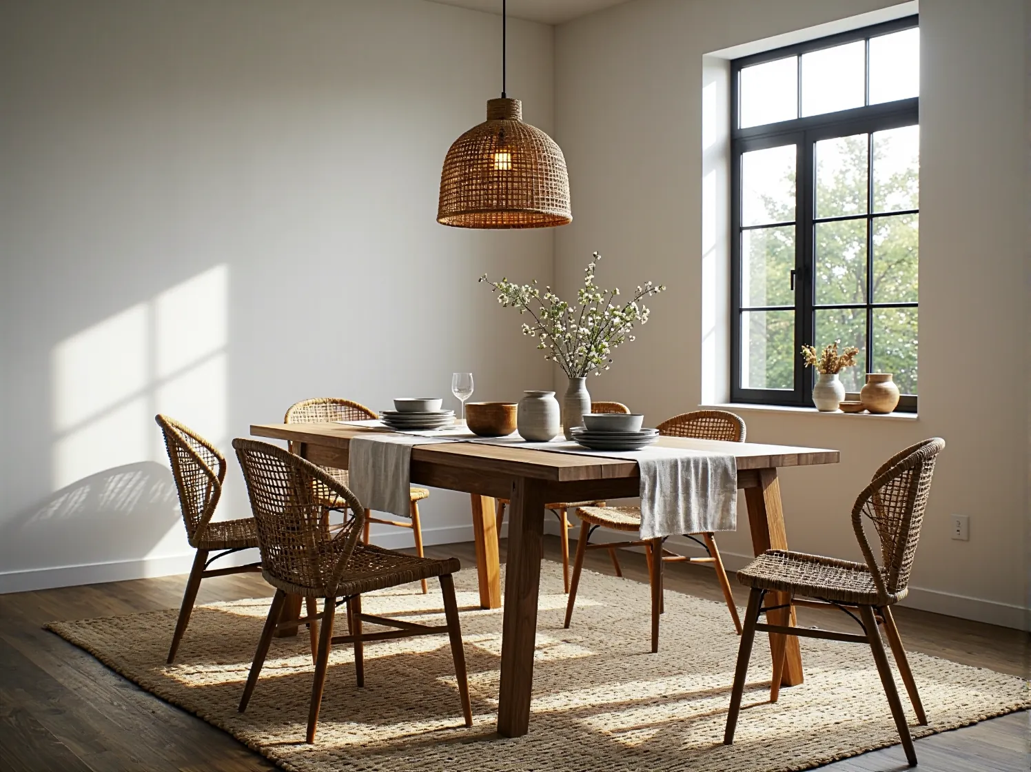 Drewniane lampy wiszące nad wyspą kuchenną w przytulnym stylu rustykalnym.