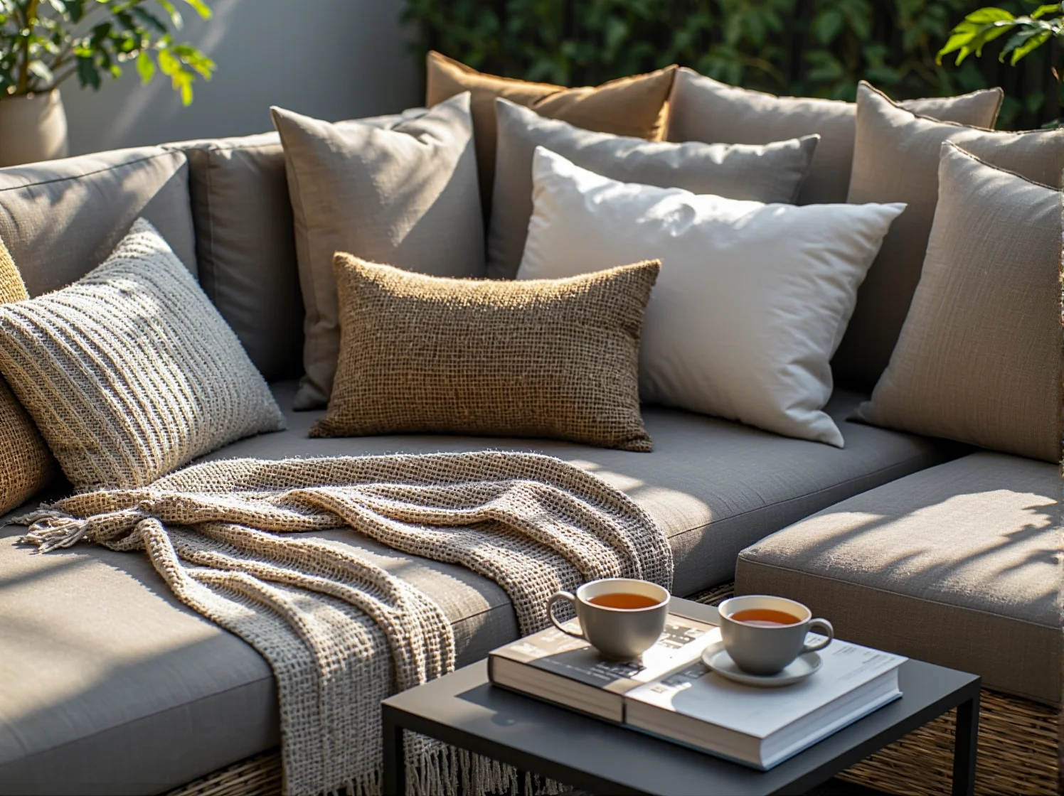 Nowoczesne lampy solarne i oświetlenie punktowe wzdłuż krawędzi drewnianego tarasu.