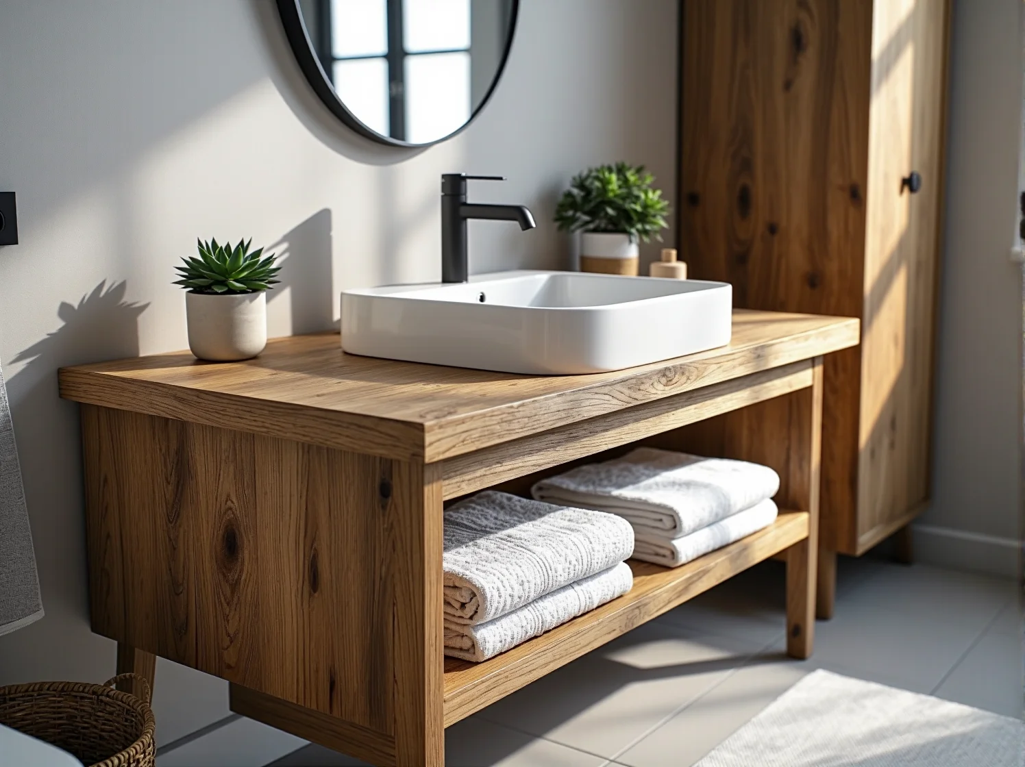 Jasna łazienka w stylu skandynawskim z drewnianymi meblami i roślinami, jako inspiracja na domowe SPA.