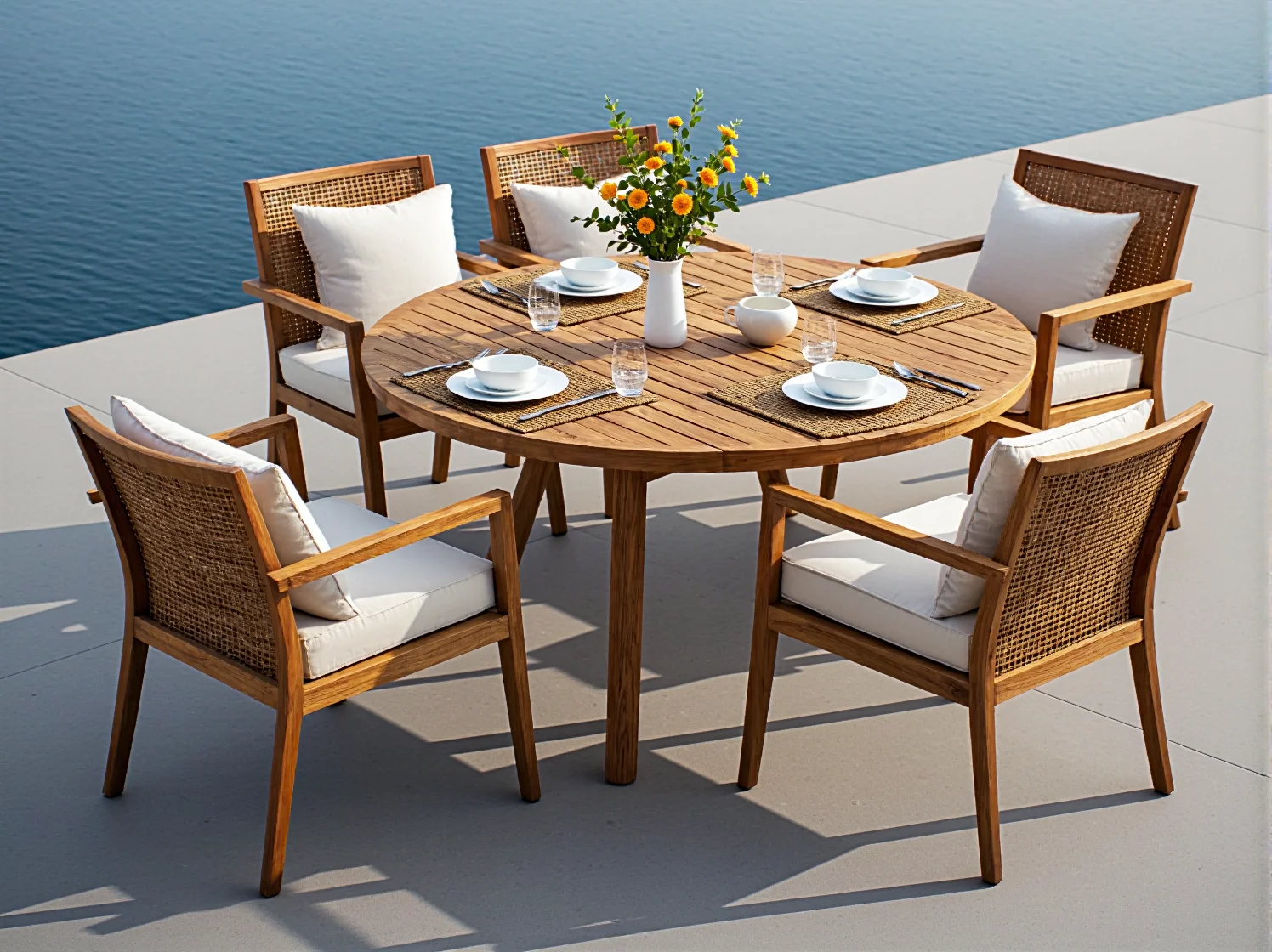 Drewniane leżaki ogrodowe na pomoście przy jeziorze, podkreślające nadbrzeżny krajobraz.