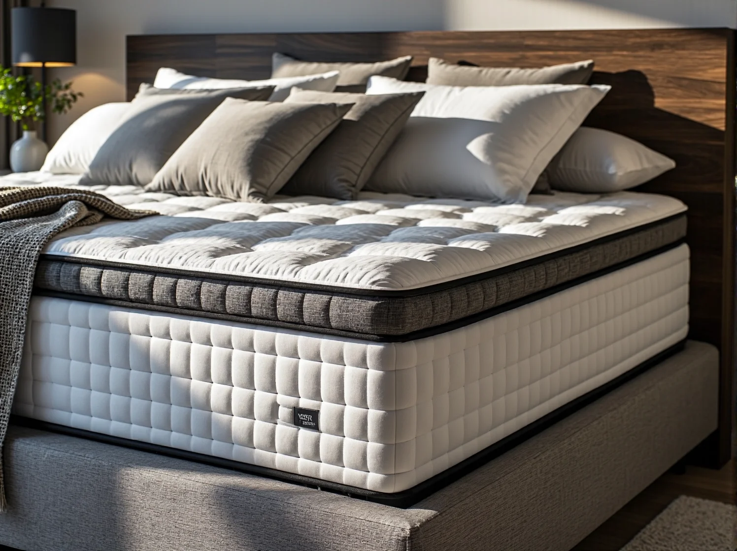 Stylowe łóżko kontynentalne z wysokim wezgłowiem w prestiżowym wnętrzu.