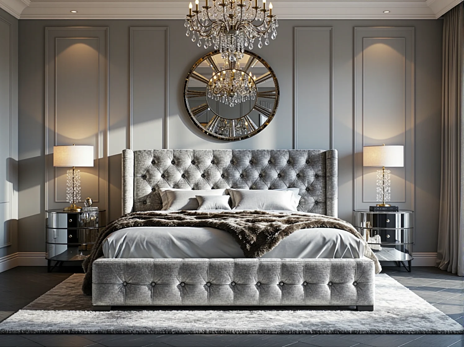 Tapicerowane łóżko glamour szare z pikowanym zagłówkiem chesterfield