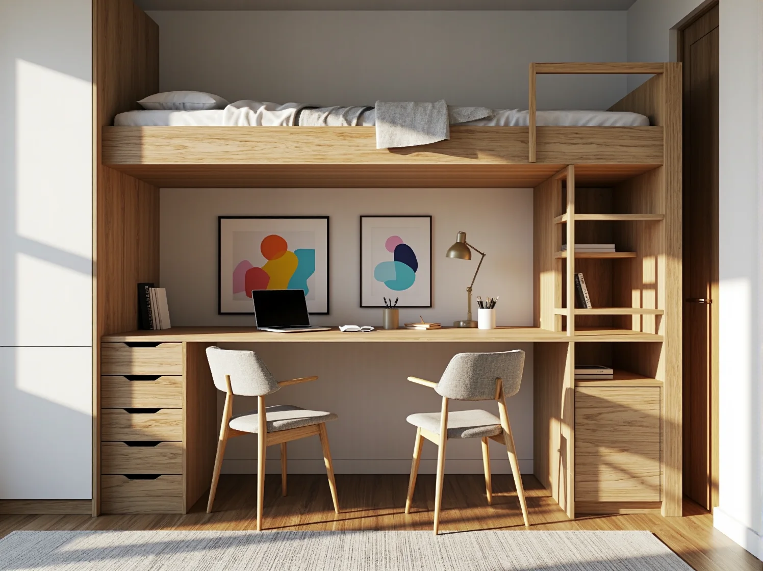 Pokój młodzieżowy z łóżkiem na antresoli i biurkiem pod spodem. Funkcjonalna aranżacja małego pokoju.