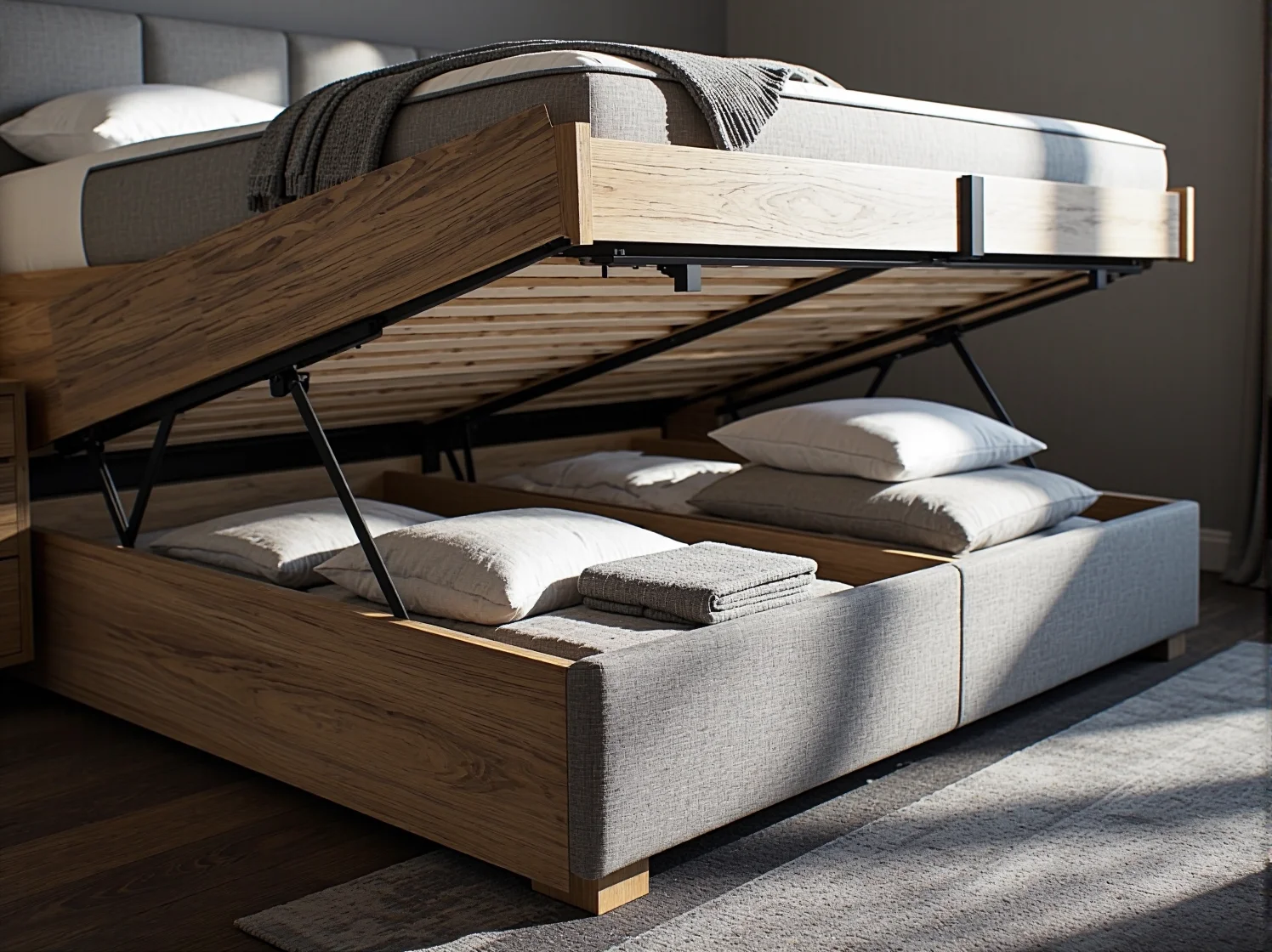 Zbliżenie na otwarty pojemnik łóżka, pokazujące dużą przestrzeń do przechowywania pościeli lub innych przedmiotów.