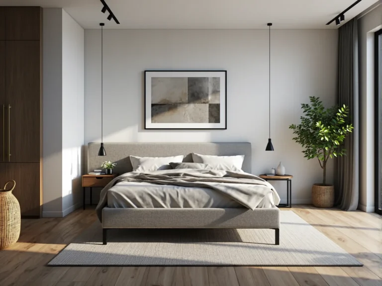 Łóżko tapicerowane szare z metalową ramą do kawalerki