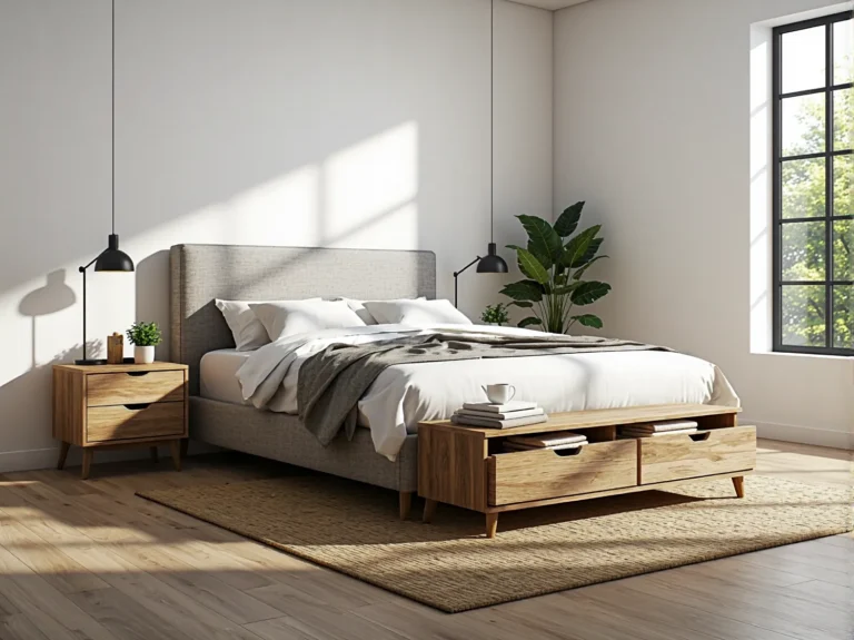 Łóżko tapicerowane szare z ławką dębową z szufladami
