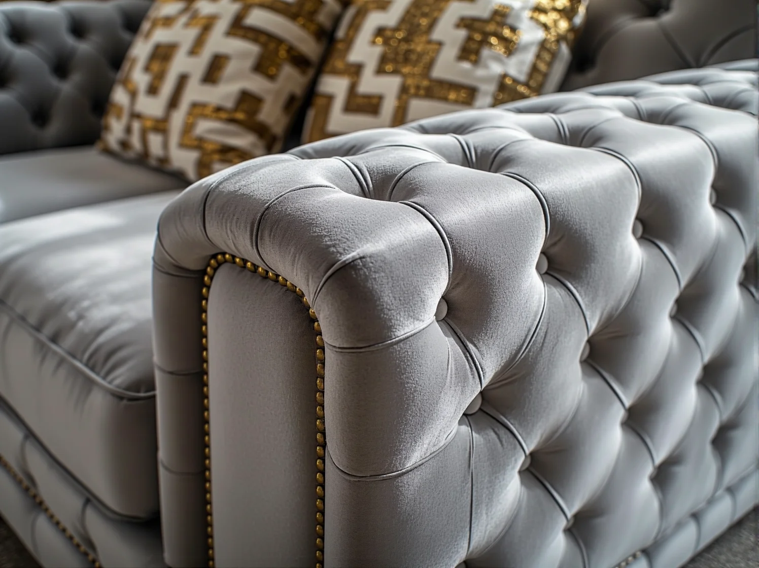 Zbliżenie na welurową tapicerkę eleganckiej sofy glamour z elektrycznie wysuwanym podnóżkiem dla pełnego relaksu.