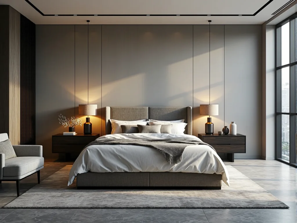 Luksusowe łóżko kontynentalne szare z tapicerowanym zagłówkiem