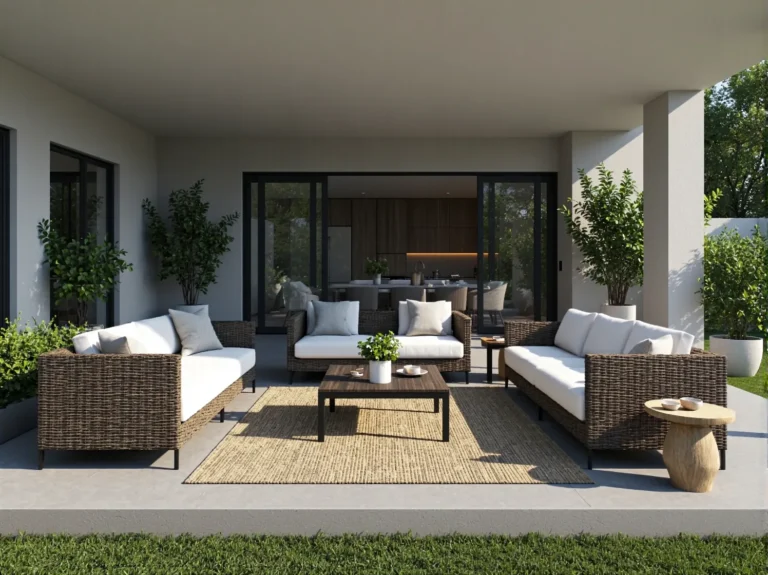 Zestaw mebli ogrodowych rattanowych z białymi poduszkami i stolikiem