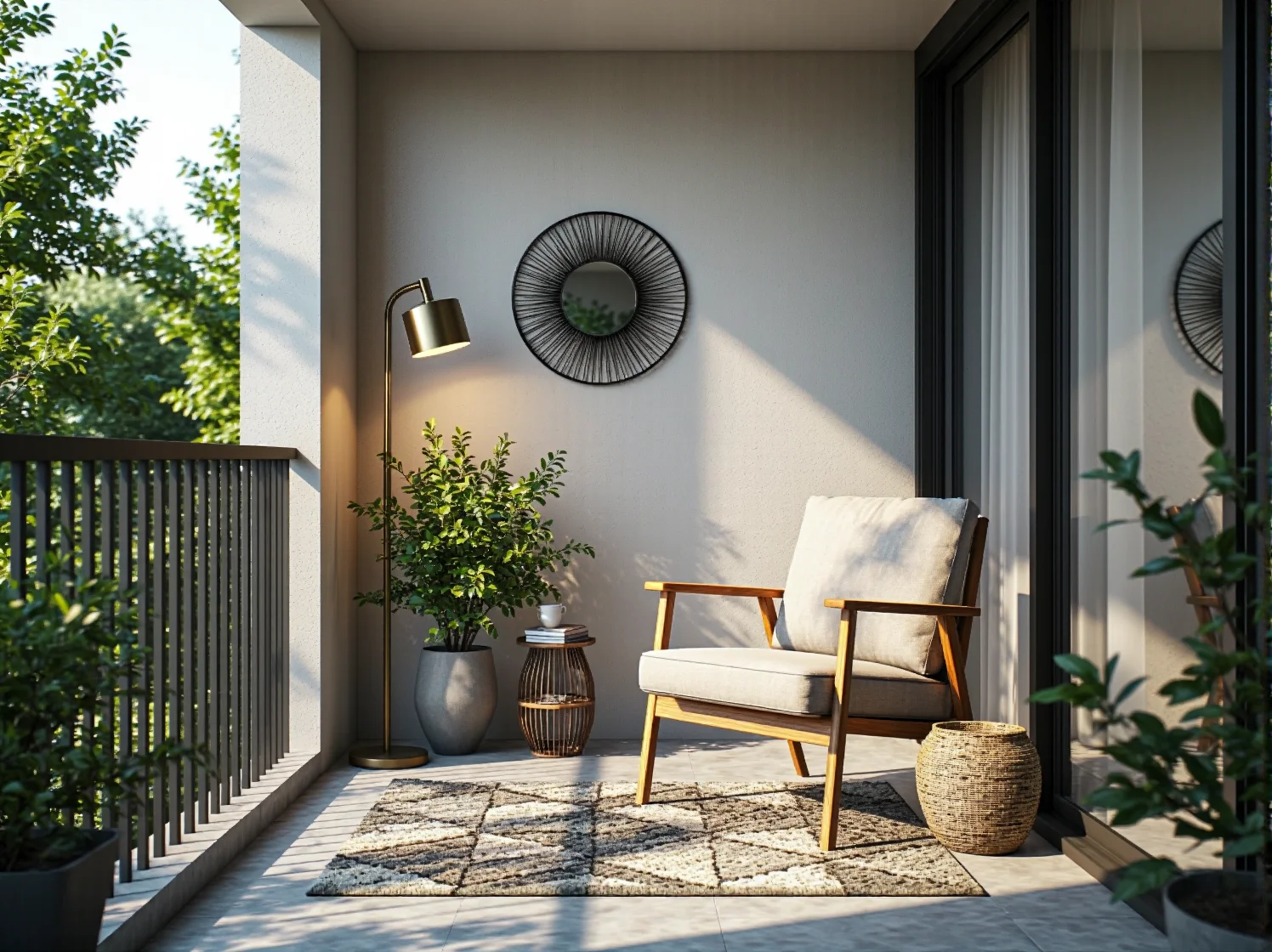 Stylowe meble balkonowe i złote dodatki podkreślone przez ciepłe światło lamp LED. Inspiracja na aranżację glamour.