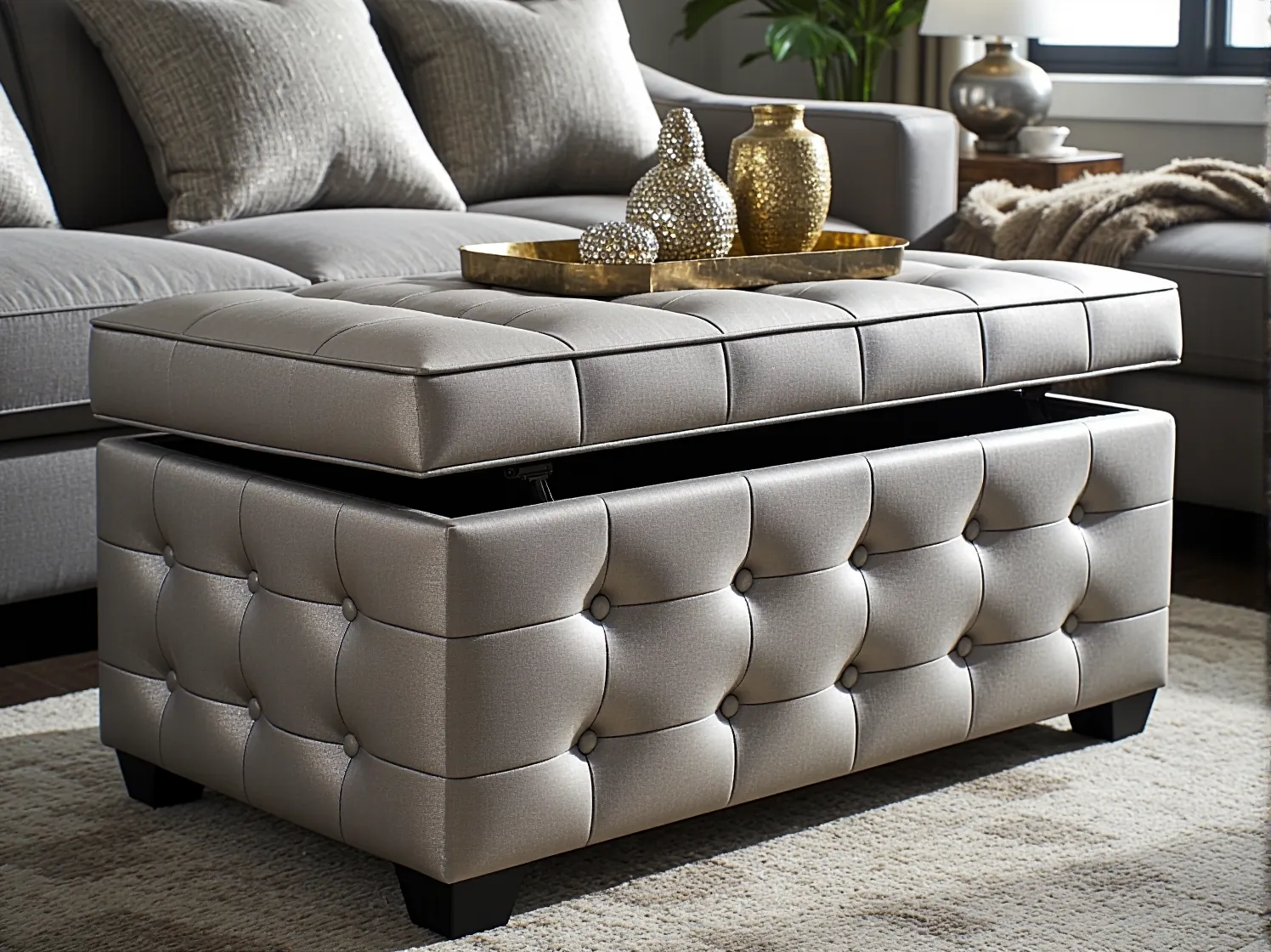 Złoty stolik kawowy 2w1 ze schowkiem – luksusowy i praktyczny mebel wielofunkcyjny do małego wnętrza glamour.