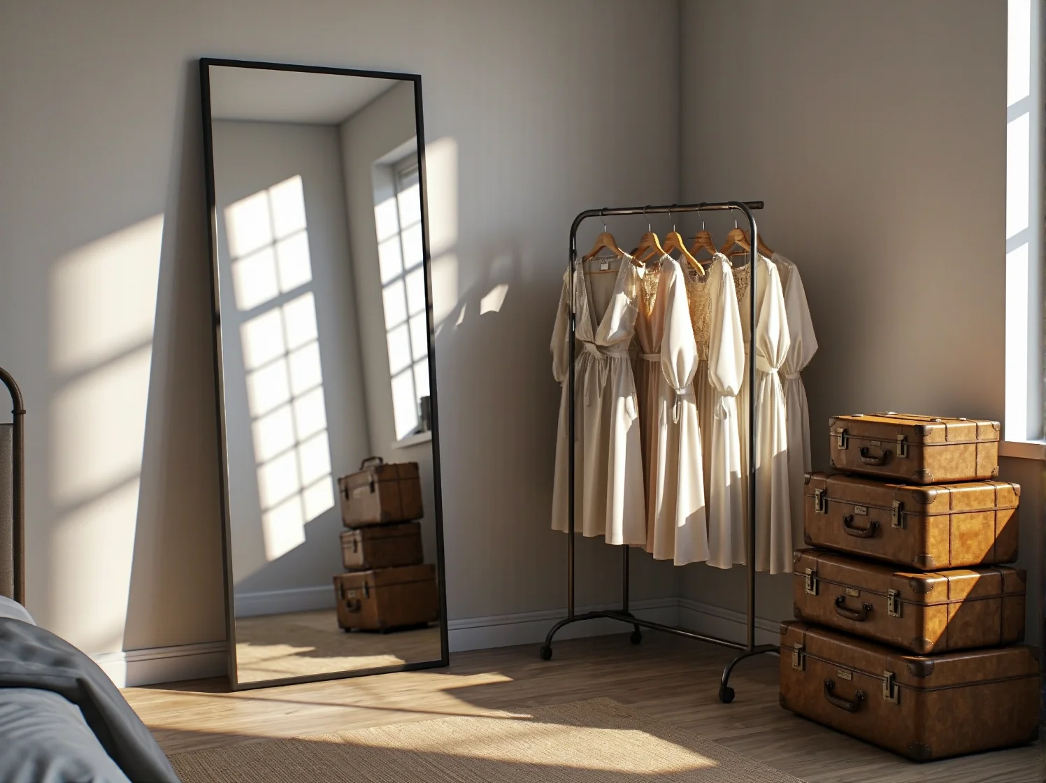 Lustro w metalowej ramie na ścianie sypialni vintage - eleganckie dodatki retro.