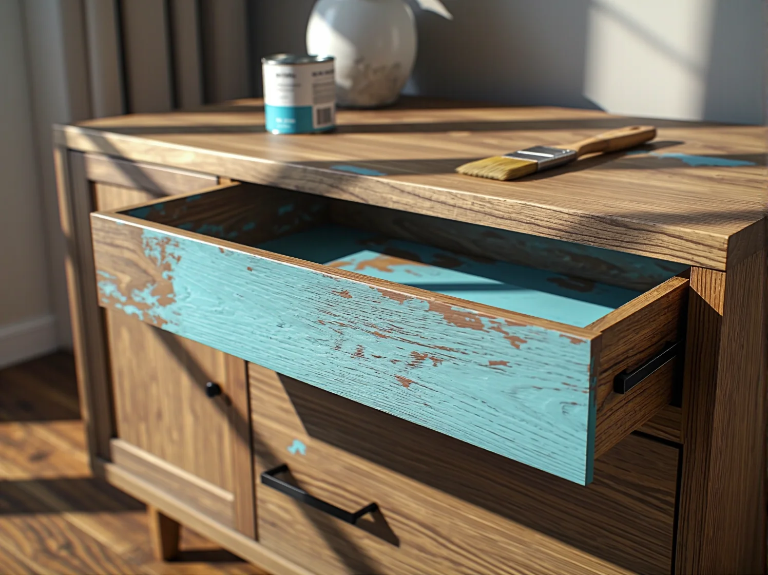 Malowanie szafki farbą kredową dającą matowe wykończenie i efekt postarzenia mebla.