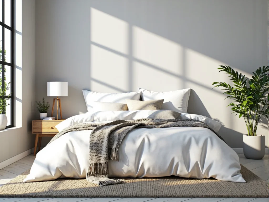 Materac piankowy z białą pościelą i miękkimi poduszkami