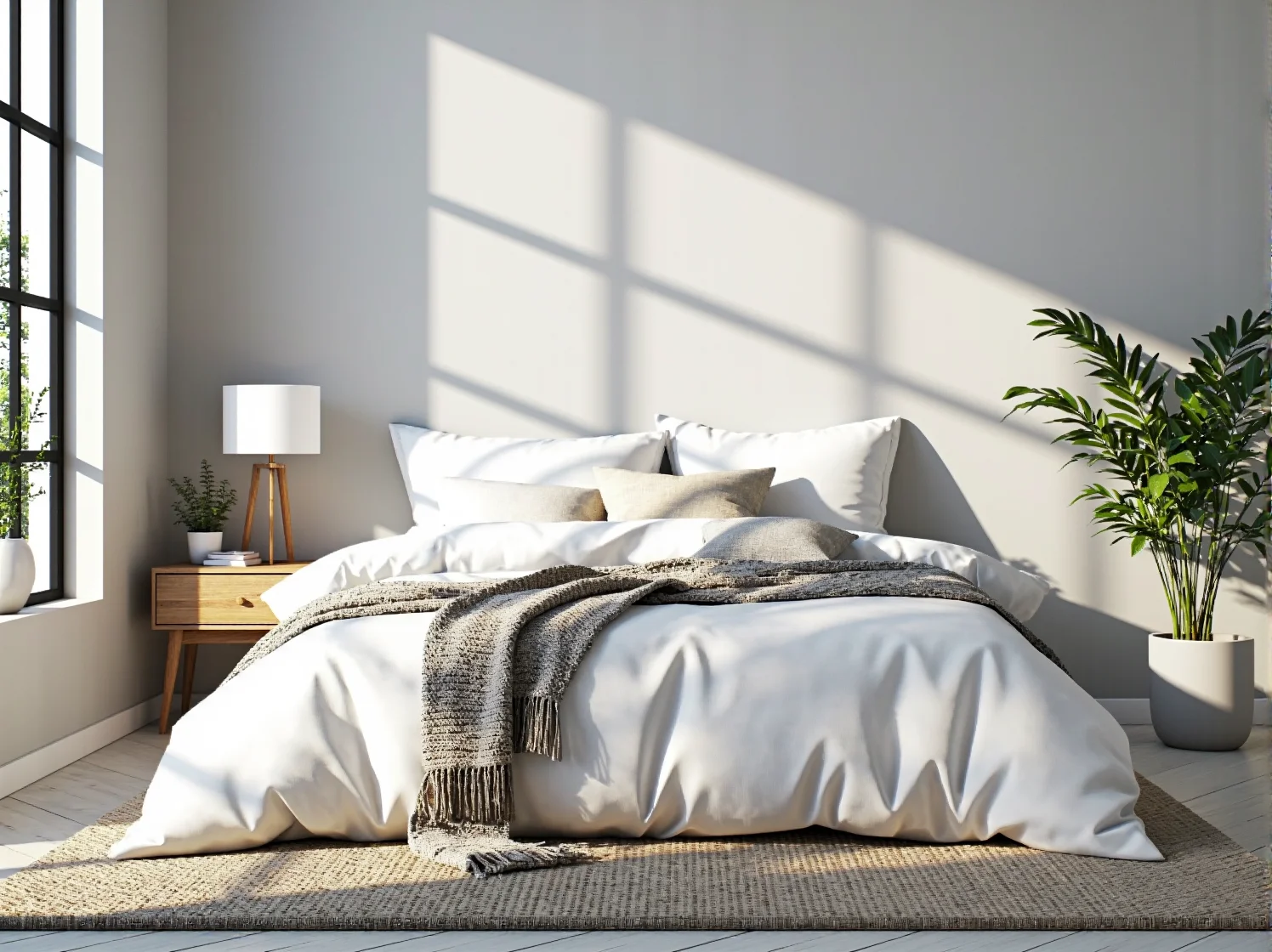 Materac piankowy z białą pościelą i miękkimi poduszkami