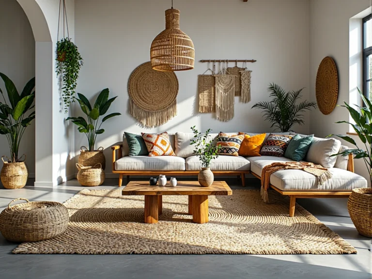 Narożna sofa drewniana z jasnymi poduszkami w stylu boho