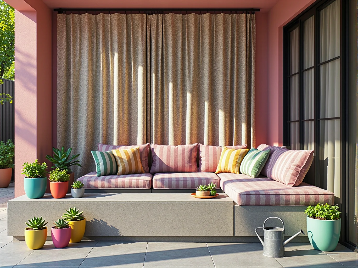 Nowoczesne meble modułowe na tarasie w nostalgicznej aranżacji retro z charakterystycznymi dodatkami z epoki.