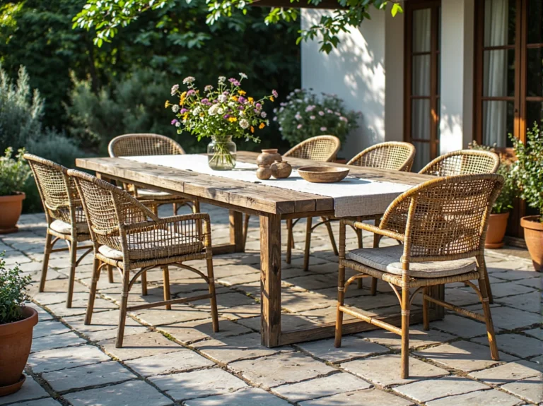 Rustykalny drewniany stół ogrodowy z rattanowymi krzesłami