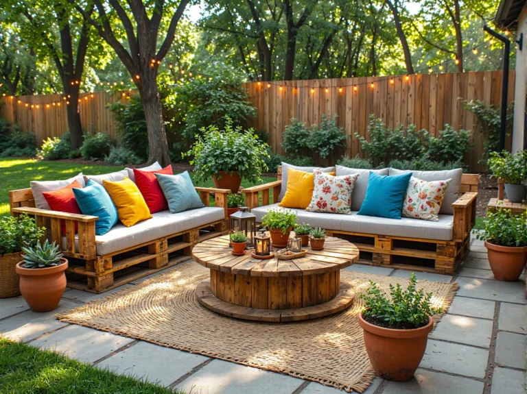 Zestaw mebli ogrodowych z palet drewnianych z kolorowymi poduszkami