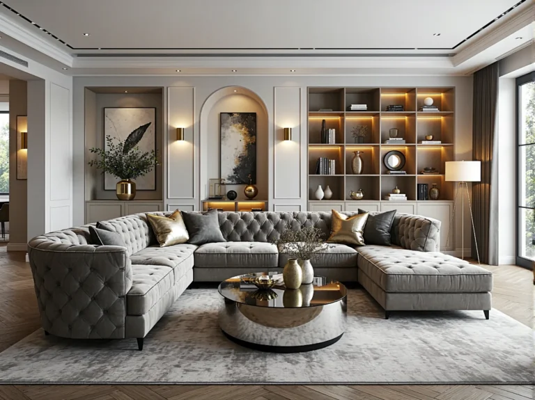 Elegancka sofa narożna szara pikowana w stylu Chesterfield