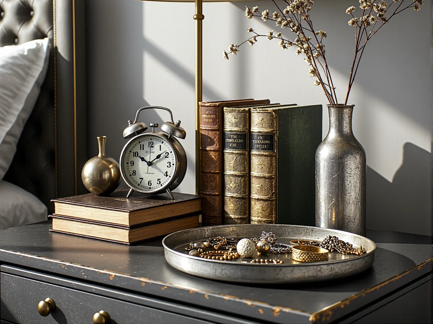 Metalowy stolik nocny i lampka w sypialni vintage - stylowe dodatki z metalu.