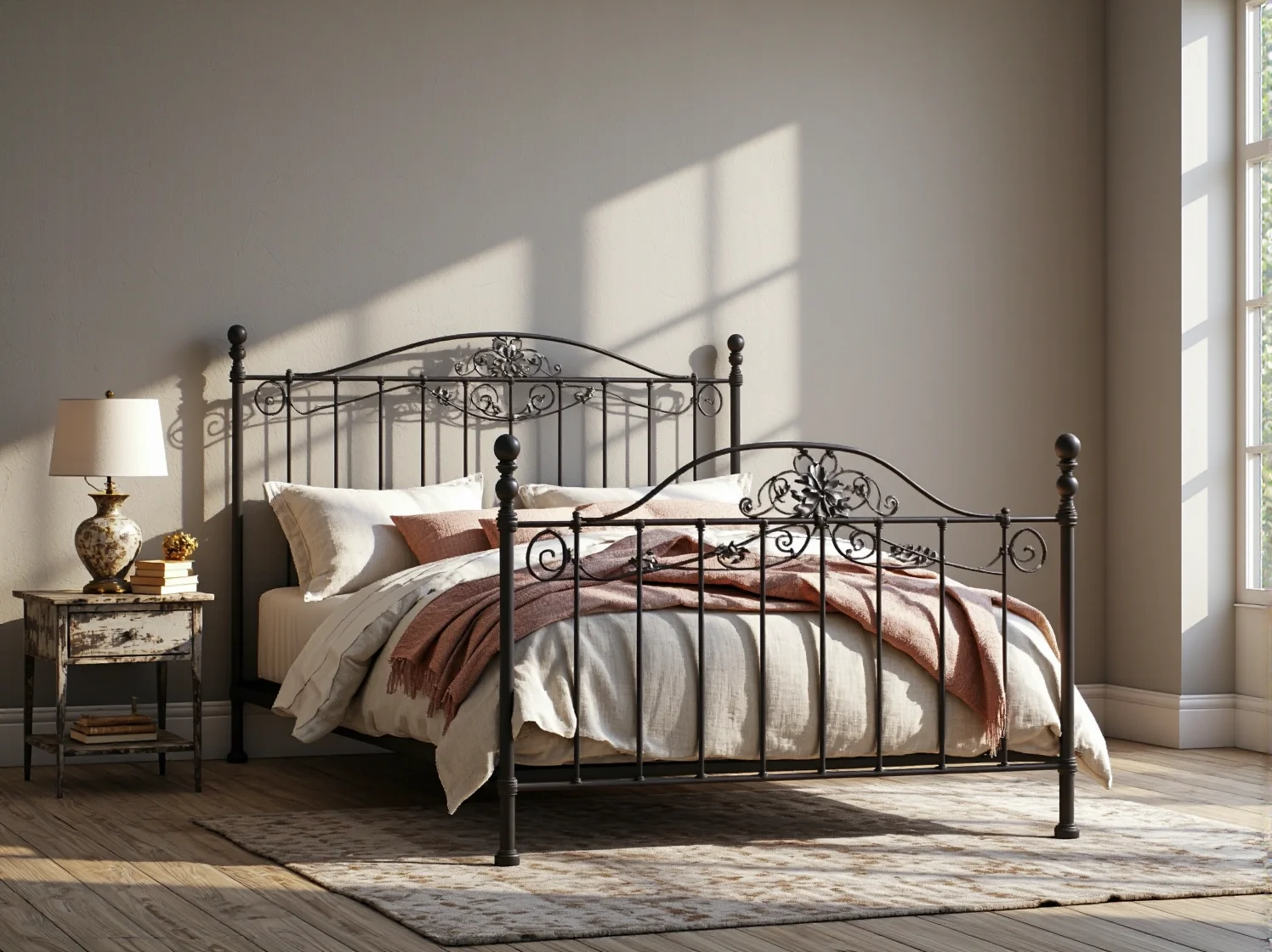 Metalowe łóżko czarne z kutymi zdobieniami w stylu vintage