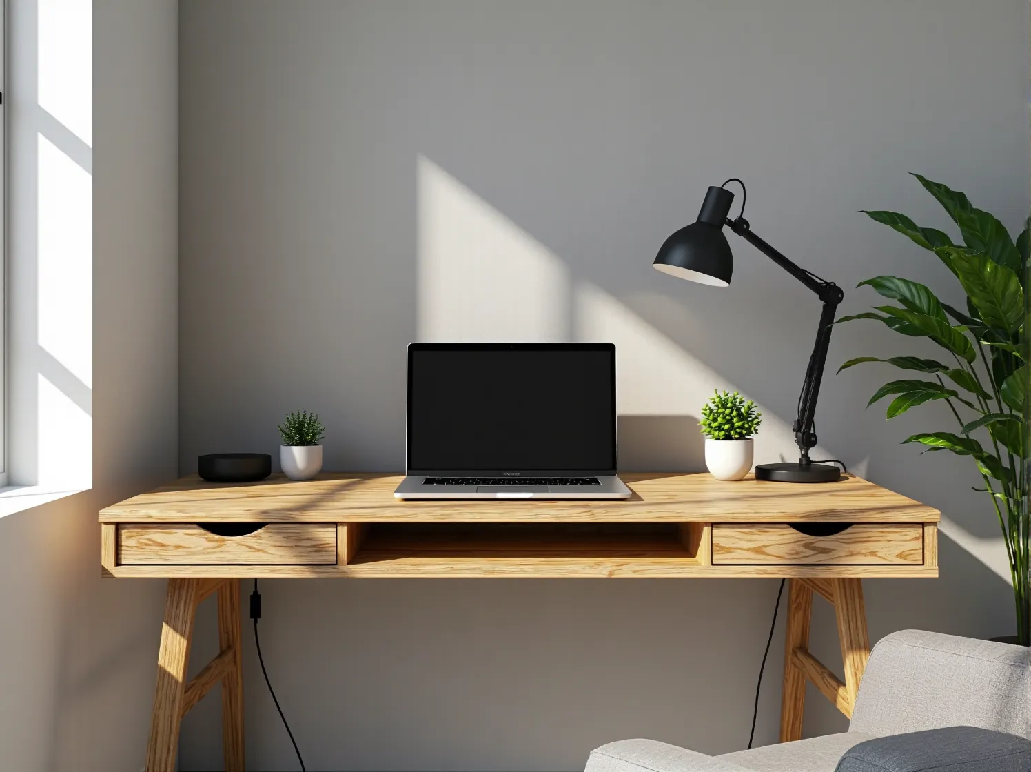 Ergonomiczne miejsce do pracy w kawalerce z białym biurkiem i wygodnym fotelem.