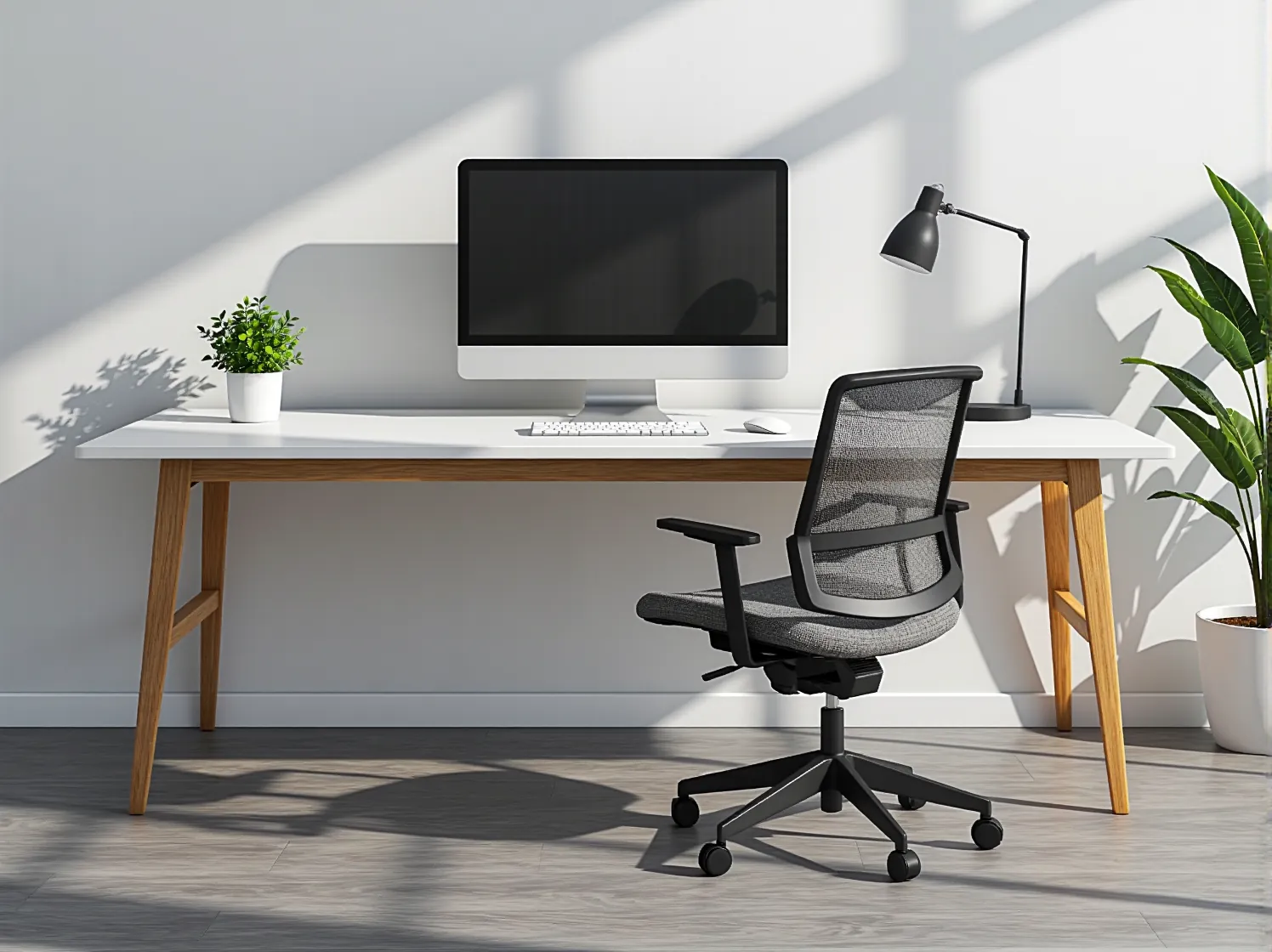 Minimalistyczne biurko z laptopem i rośliną, przykład prostoty i porządku w nowoczesnym designie biurowym.