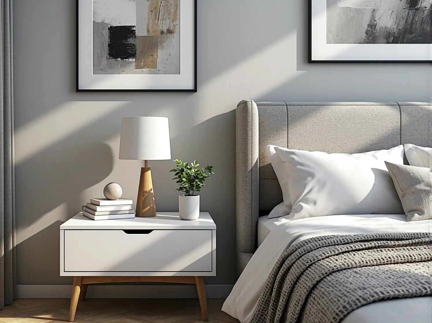 Kącik do pracy w domu w stylu minimalistycznym. Białe biurko, proste krzesło i dobra organizacja przestrzeni.