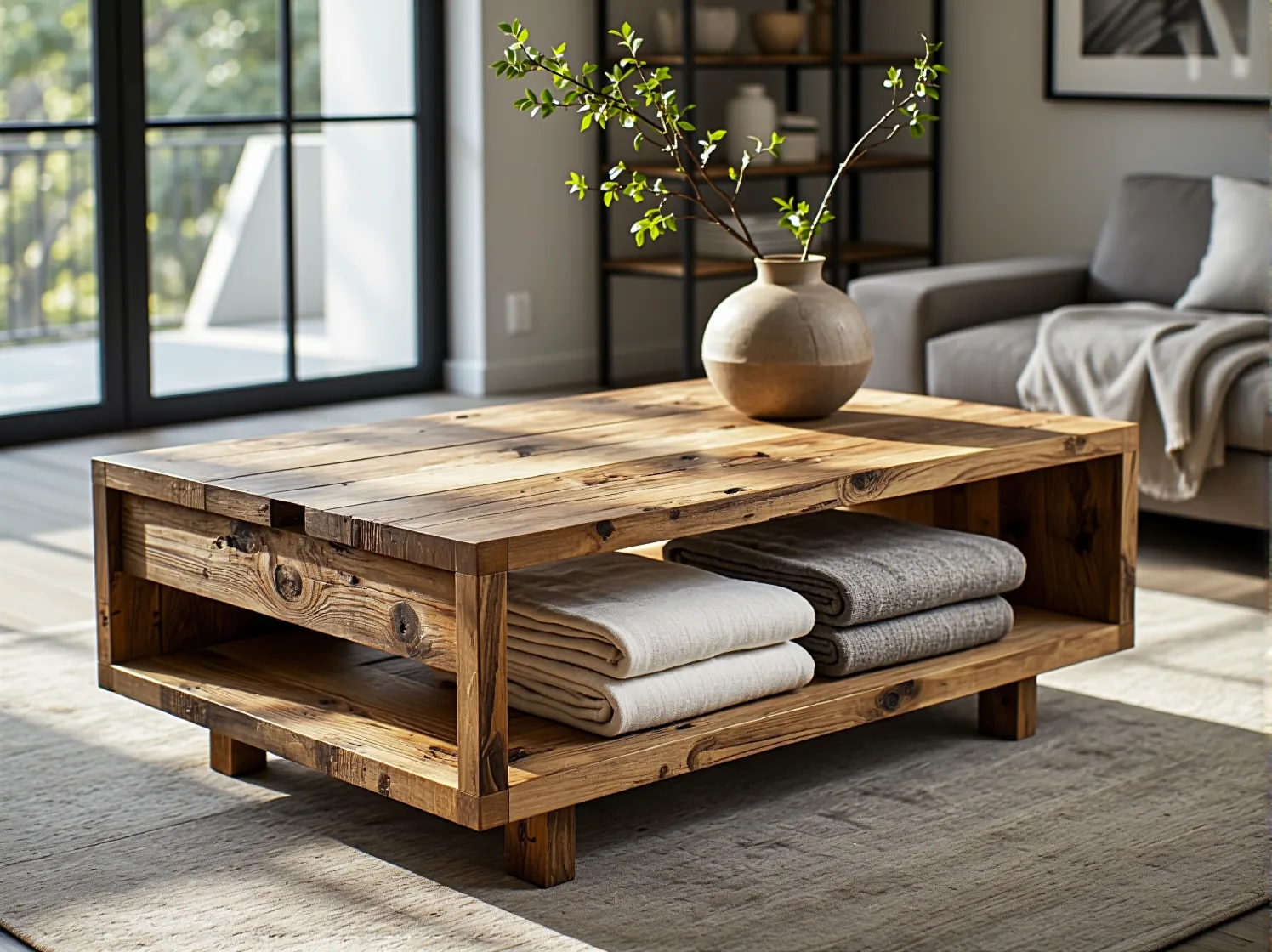 Zbliżenie na lniane tekstylia i korkowe akcenty w nowoczesnej, modułowej przestrzeni mieszkalnej.