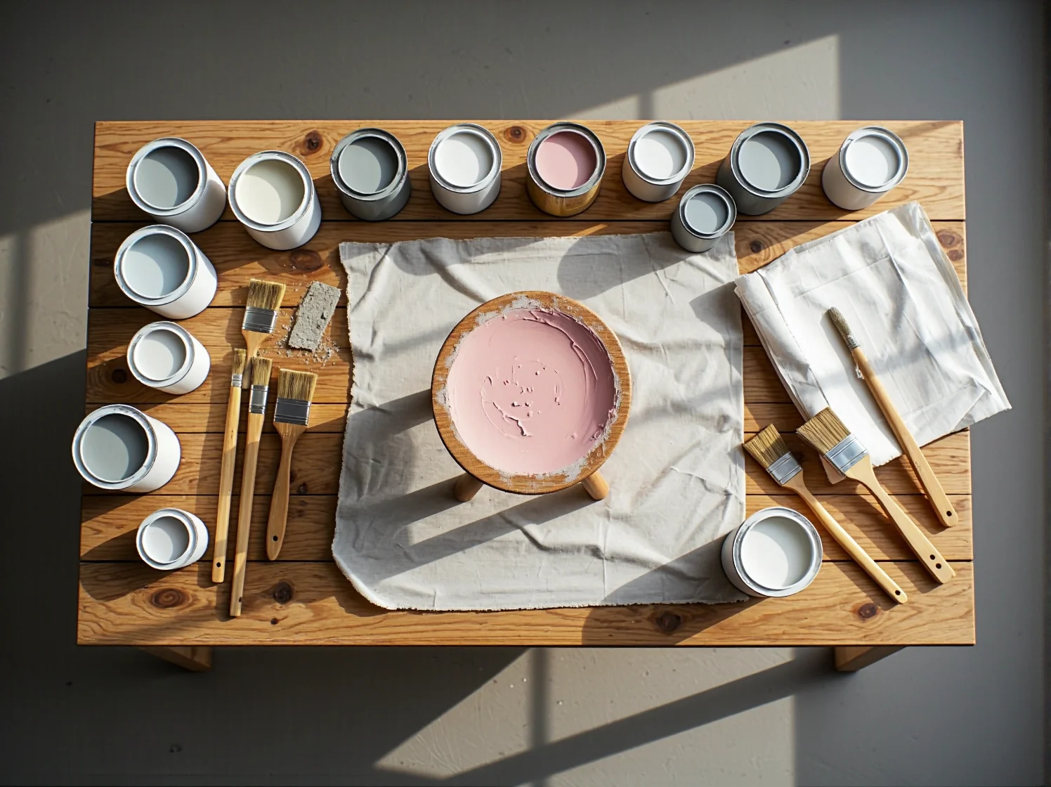 Zestaw narzędzi i puszka farby do renowacji mebli przygotowane do rozpoczęcia prac domowych.