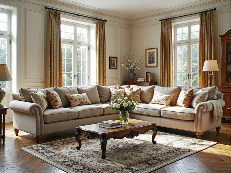 Klasyczny narożnik tapicerowany beżowy z poduszkami dekoracyjnymi