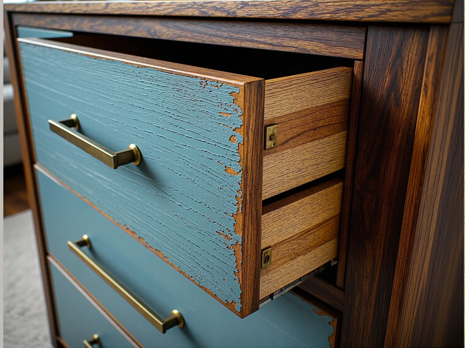 Narzędzia do renowacji mebli: szlifierka, pędzle i papier ścierny do odnawiania komody.