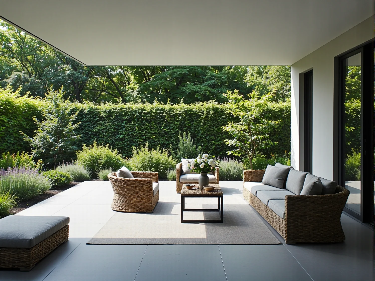 Relaks na tarasie po zmroku przy ciepłym oświetleniu i wygodnych meblach ogrodowych.