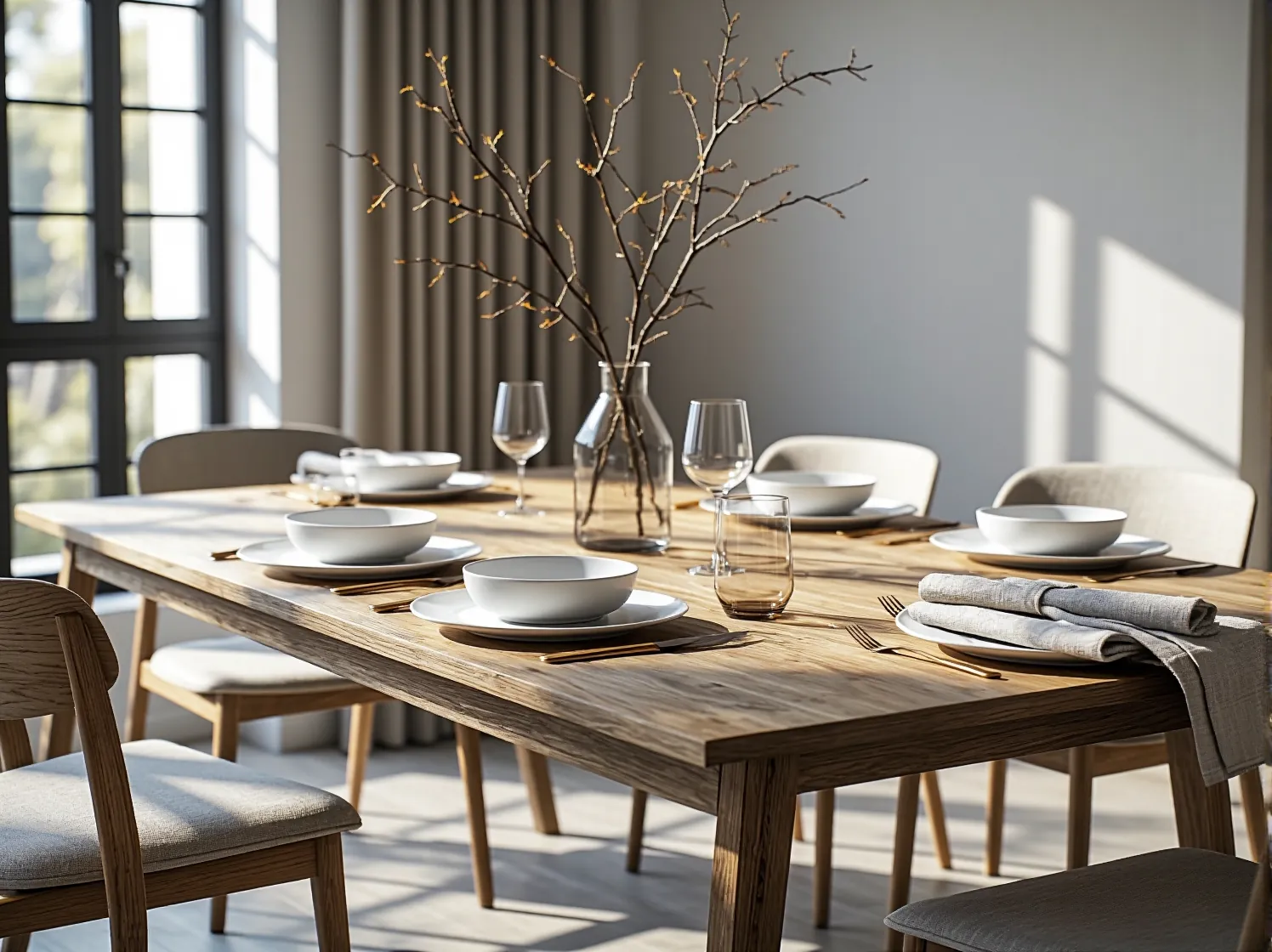 Drewniane figurki i roślina w doniczce na białej komodzie – przykłady naturalnych dodatków w skandynawskiej aranżacji.