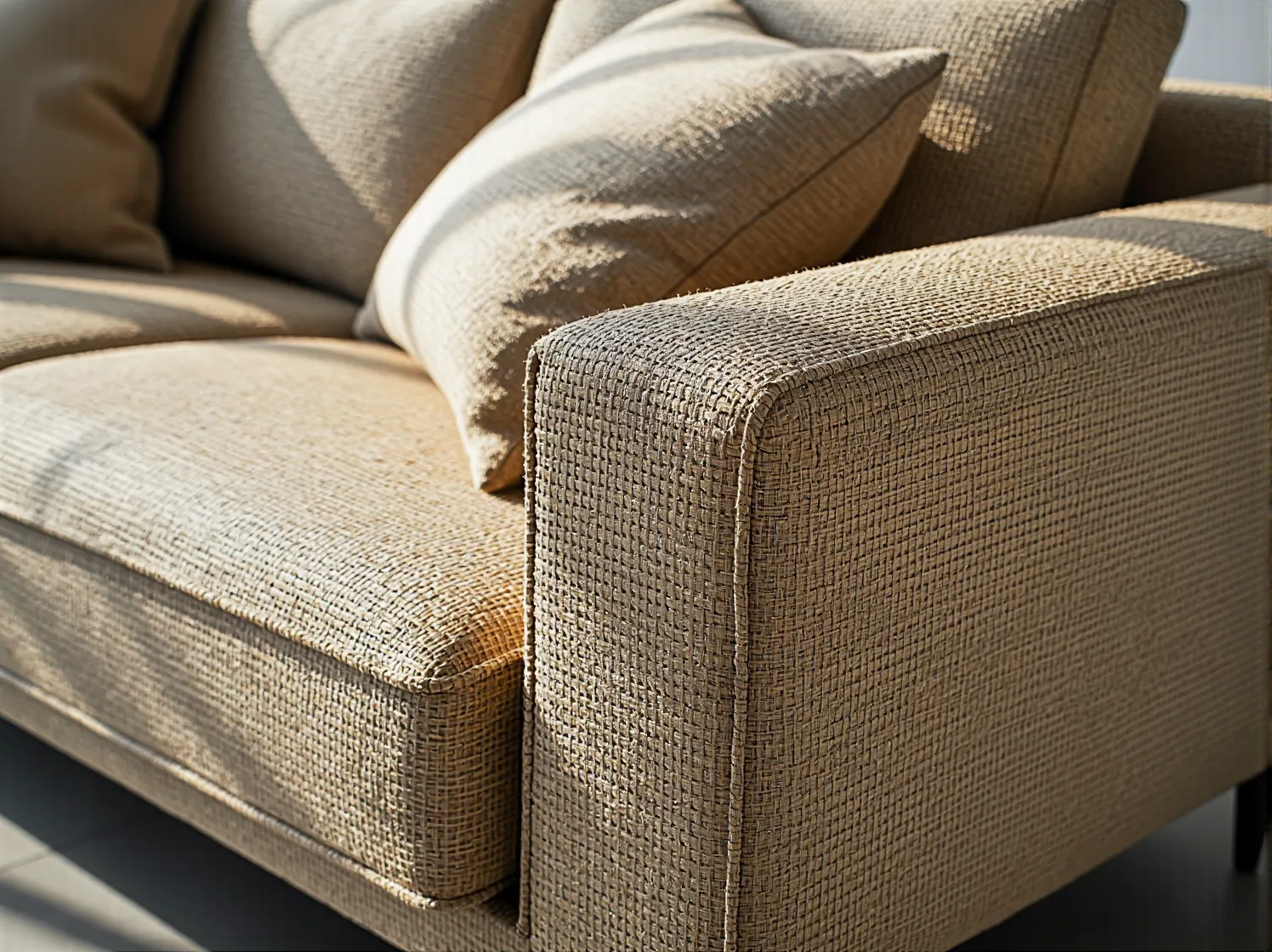 Zbliżenie na naturalną, lnianą tkaninę obiciową sofy. Cechy materiałów biodegradowalnych.