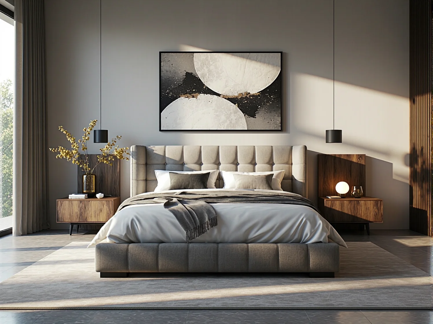 Nowoczesna aranżacja sypialni z łóżkiem kontynentalnym w luksusowym stylu.