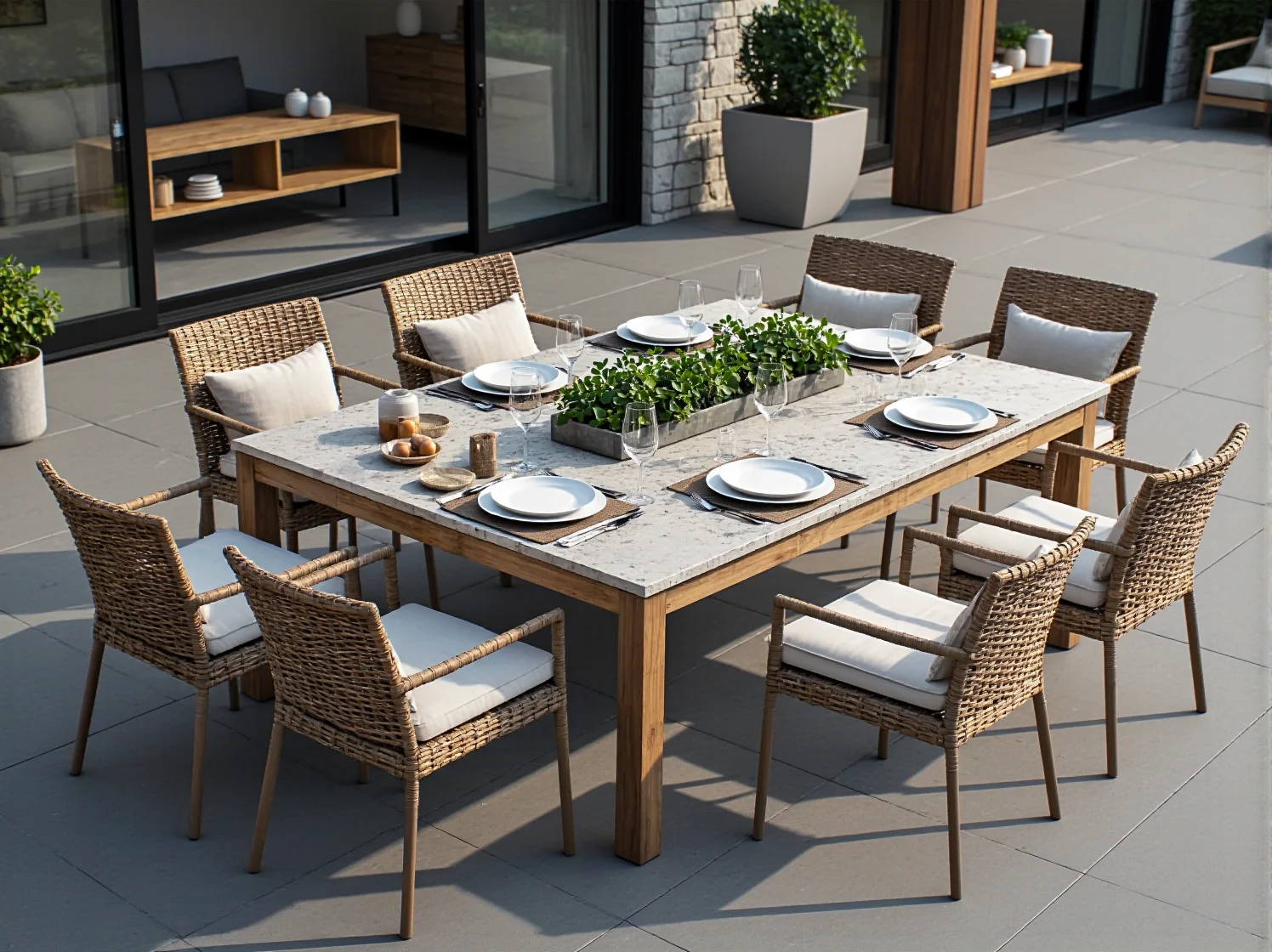 Wygodny narożnik z technorattanu i stolik kawowy – idealny komplet mebli wypoczynkowych na duży taras.