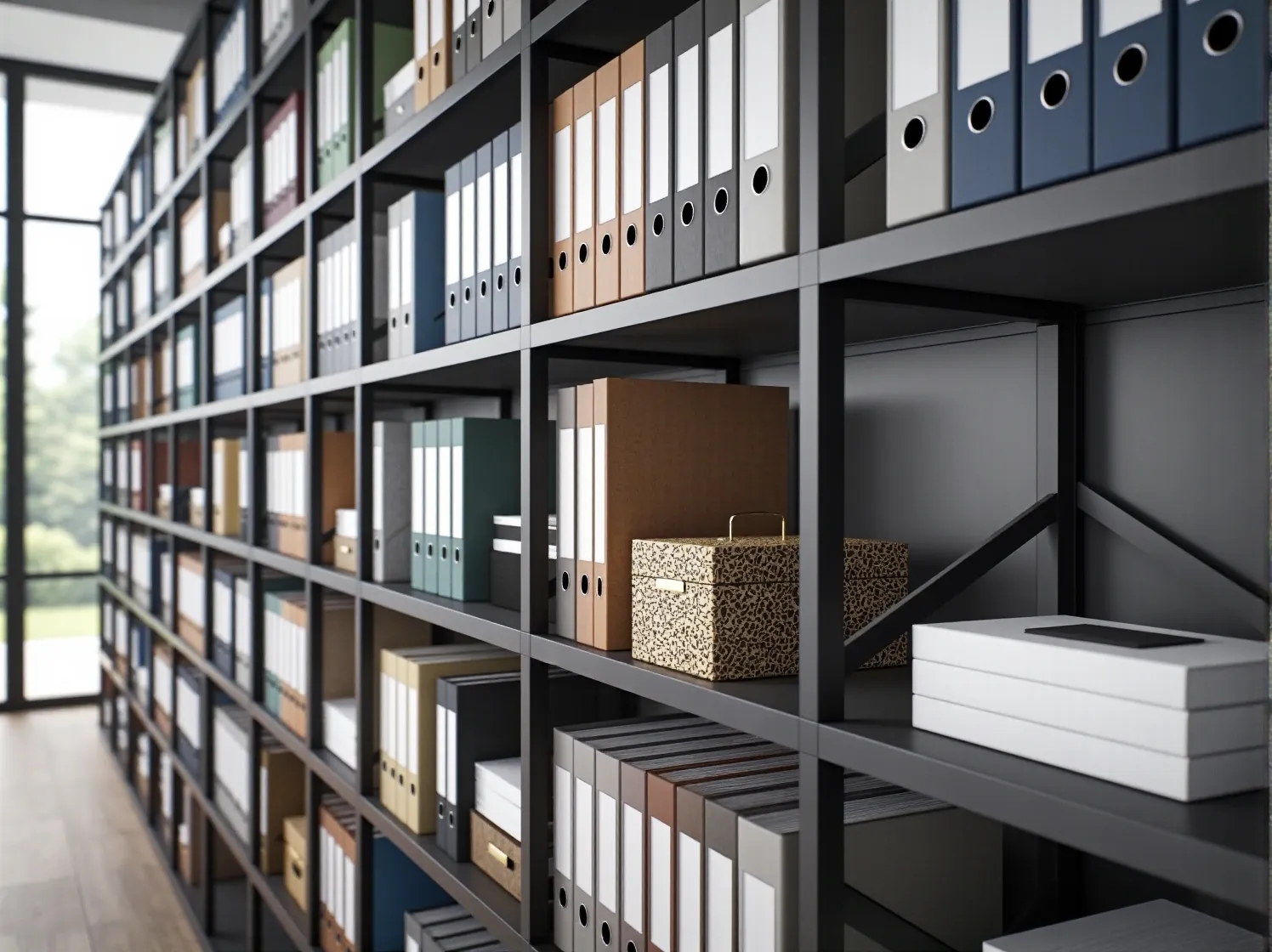 Minimalistyczny, biały regał na książki, stanowiący funkcjonalny element nowoczesnego biura.