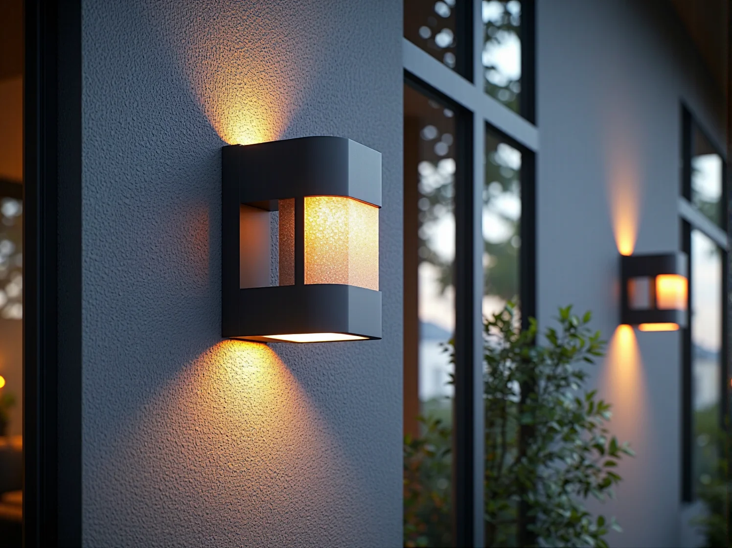 Stylowy kinkiet zewnętrzny oświetlający grafitową ścianę domu jednorodzinnego.